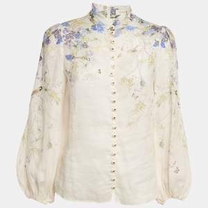 Zimmermann Cream Citrus Butterflies Print Linen Button Front Blouse S