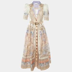 Zimmermann Light Beige Printed Linen & Silk Belted Maxi Dress S