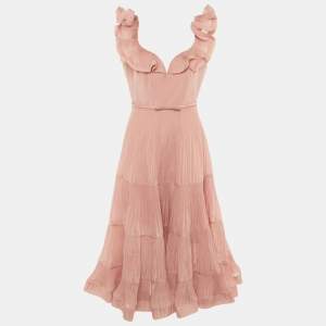 Pre Owned ZIMMERMANN Pink Crepe Pleated Frill Midi Dress L