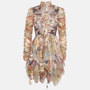 Pre Owned فستان ميني زيمرمان بطبعة متعددة الألوان لوركس كوزميك مع تفاصيل منديال مقاس صغير (إكس صغير)