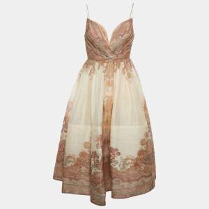Pre Owned Zimmerman Beige Paisley Print Linen and Silk Blend Draped Midi Dress M
