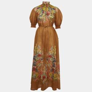 Pre Owned Zimmermann Brown Floral Print Linen Alight Swing Maxi Dress M