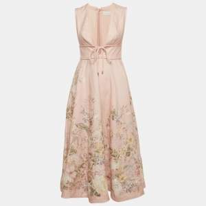 مملوكة مسبقًا Zimmermann Pink Floral Linen Waverly Plunge Midi Dress XS