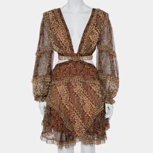 Zimmermann Brown Tali Batik Printed Silk Cutout Mini Dress L