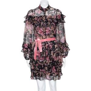Pre Owned Zimmermann Black Floral Printed Silk Ruffle Trim Tiered Lucky Belted Dress S