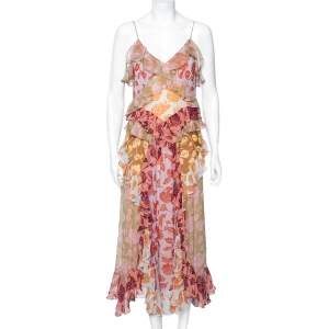 Pre Owned Zimmermann Multicolor Rose Printed Silk Ruffled Lovestruck Slip Dress M