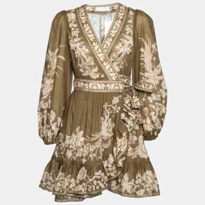 Pre Owned Zimmermann Olive Green Floral Printed Cotton Mini Anneke Wrap Dress S