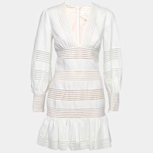 Pre Owned Zimmermann Ivory Linen Crochet Trimmed Mini Dress M