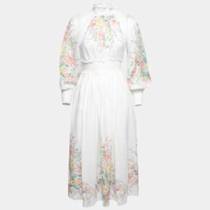 Pre Owned Zimmermann White Floral Printed Ramie Zinnia Shirred Midi Dress S