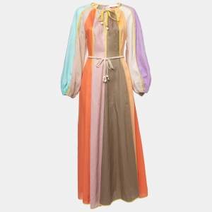 Zimmermann Multicolor Paneled Linen Belted Lola Maxi Dress M
