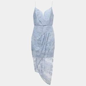 Pre Owned Zimmermann Blue Floral Lace Draped Plunge Midi Dress L