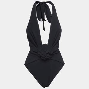 Zimmermann Black Stretch Knit Lovestruck Applique Halter Neck Swimsuit M
