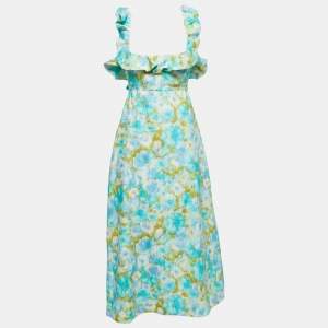 Zimmermann Green Printed Linen High Tide Frilled Midi Dress L
