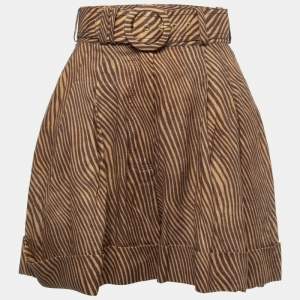 Zimmermann Brown Animal Printed Linen Belted High Waist Cuffed Shorts S