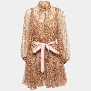 Pre Owned Zimmermann Brown/Pink Animal Printed Silk Bell Sleeve Mini Dress M
