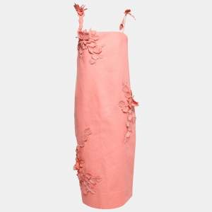 Zimmermann Coral Pink Linen Floral Appliquéd One-Shoulder Dress XL 