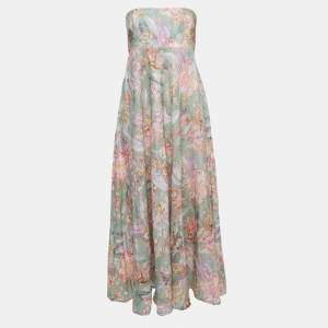 Zimmermann Green Floral Printed Linen Bandeau Midi Dress XL