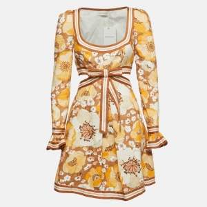Zimmermann Floral Print Linen Cutout Bow Detail Mini Dress S