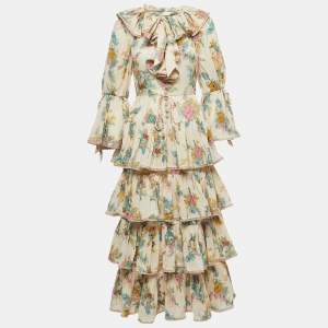 Zimmermann Cream Floral Print Cotton Frill Tiered Maxi Dress S