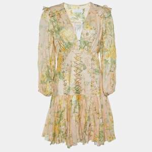Zimmermann Beige Floral Printed Linen Corset Mini Dress M