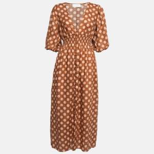 Zimmermann Brown Polka Dots Linen Primrose Shirred Midi Dress M