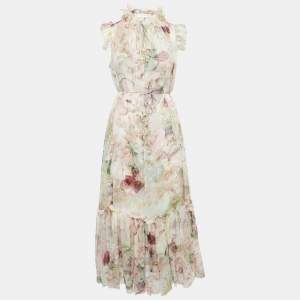 Zimmermann Pink Floral Print Georgette Dancer Flutter Midi Dress S