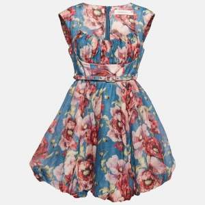 Zimmermann Blue Floral Print Linen Blend High Tide Mini Dress M