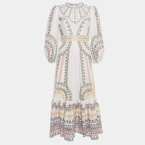 Pre Owned Zimmermann White Peggy Embroidered Cotton Blend Midi Dress M