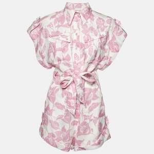 Zimmermann Pink Floral Print Linen Bells Cuffed Playsuit M