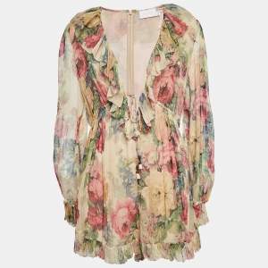 Zimmermann Beige Floral Print Georgette Silk Ruffled Playsuit L