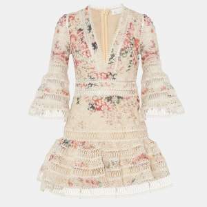 Zimmermann Beige Printed Cotton Lace Trimmed V-Neck Mini Dress S