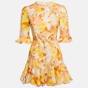 Zimmermann Light Beige Printed Linen & Cotton Scallop Detail Mini Dress S