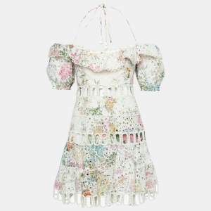 Zimmermann Off-White Floral Print Eyelet Embroidered Off-Shoulder Mini Dress S
