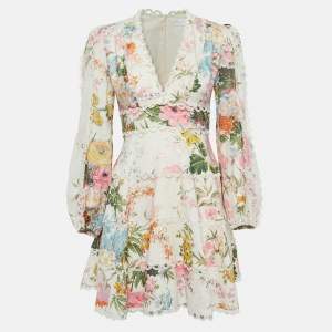 Zimmermann White Multicolor Floral Print Linen V-Neck Mini Dress S