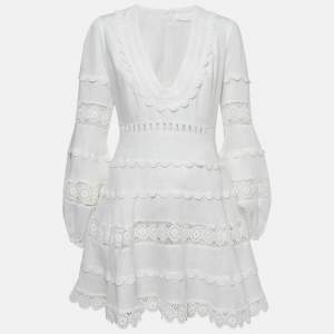 Zimmermann White Lace Trim Linen Castile Plunge Dress M