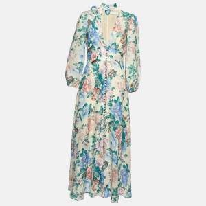 Zimmermann Multicolor Floral Print Linen Plunge Neck Maxi Dress M