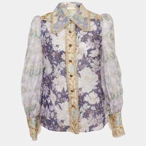 Zimmermann Purple Celestial Floral Print Linen Blend Blouse S