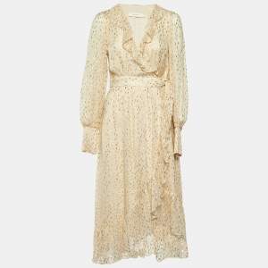 Zimmermann Cream Lurex Fil Coupé Silk Midi Wrap Dress M