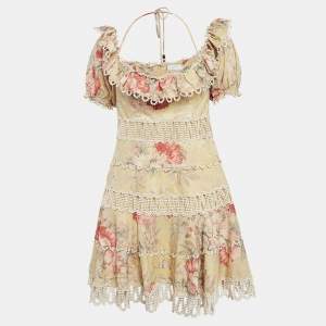 Zimmermann Yellow Floral Print Lace Trim Off-Shoulder Mini Dress M