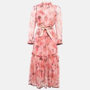 Pre Owned Zimmermann Pink Floral Print Silk Chiffon Ruffled Midi Dress XS