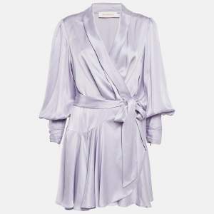Zimmermann Light Purple Satin Silk Blouson Sleeve Mini Wrap Dress M