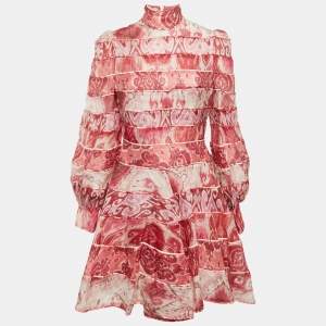 Pre Owned Zimmermann Pink Wavelength Paneled Print Linen Mini Dress M