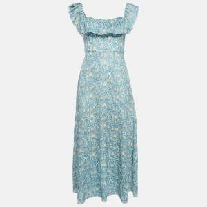 Pre Owned Zimmermann Blue Floral Print Off-Shoulder Midi Dress S