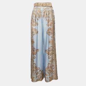 Zimmermann Blue Luminous Paisley Print Silk Belted Wide-Leg Pants S