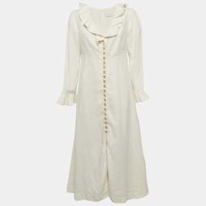 Zimmermann White Linen Button Front Midi Dress L