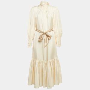 Pre Owned Zimmermann Cream Silk Puff Sleeves Gathered Midi Dress L