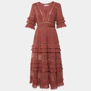 Zimmermann Pink Broderie Anglaise Cotton Corsair Tiered Dress L