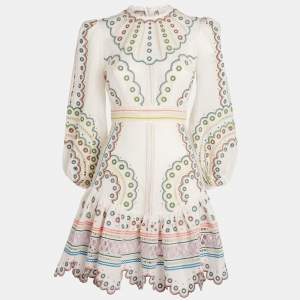 Zimmermann White Linen and Cotton Embroidered Mini Dress XS