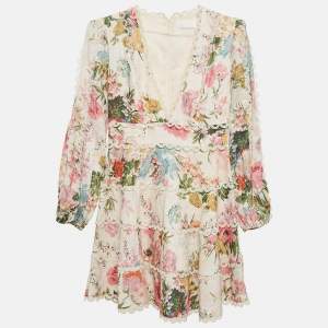 Zimmermann White Floral Print Linen Tiered Heathers Mini Dress M
