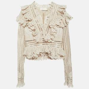 Zimmermann Beige Wool Blend Lace Ruffled V-Neck Top M
